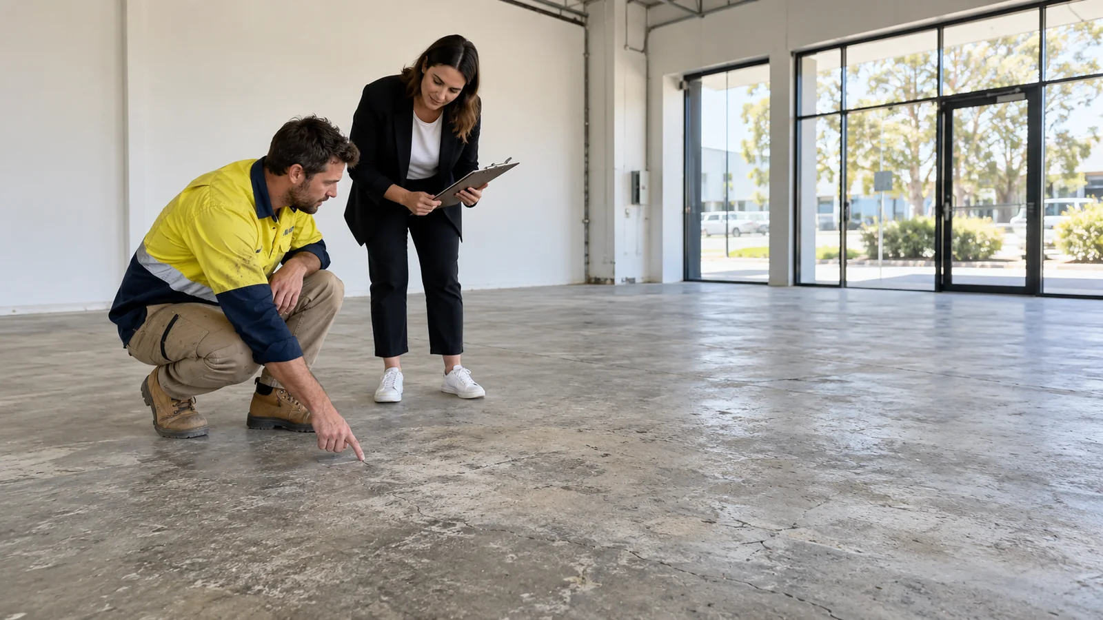 Contractor and owner inspecting commercial concrete floor