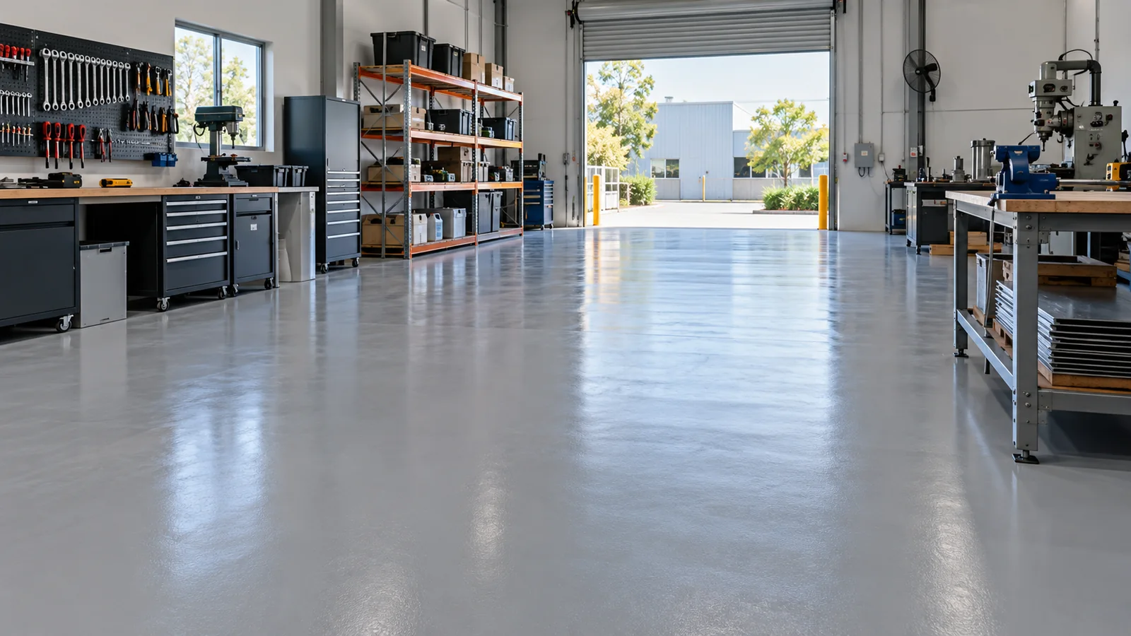 Grey epoxy flooring in a commercial workshop