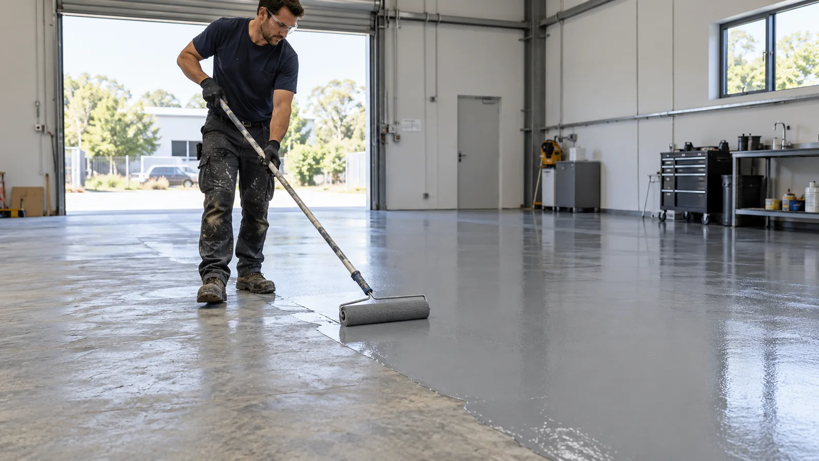 Worker applying epoxy coating to commercial floor